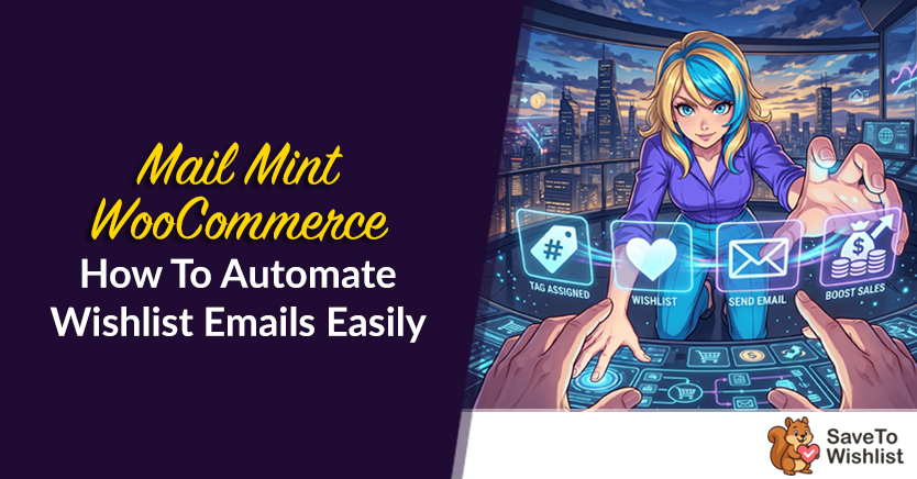 Thumbnail for a guide: automating wishlist emails in WooCommerce; left panel with title text, right panel shows a futuristic dashboard and a woman manipulating holographic icons; Save To Wishlist logo visible