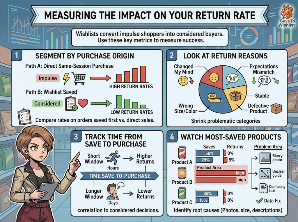 Infographic explaining how wishlists and metrics — purchase origin, return reasons, save-to-purchase time, and product saves — reduce return rates.
