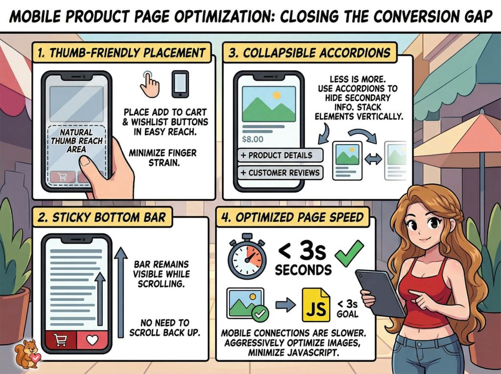 Colorful infographic showing four mobile product page optimization tips—thumb-friendly buttons, sticky bottom bar, collapsible accordions, and fast page speed.