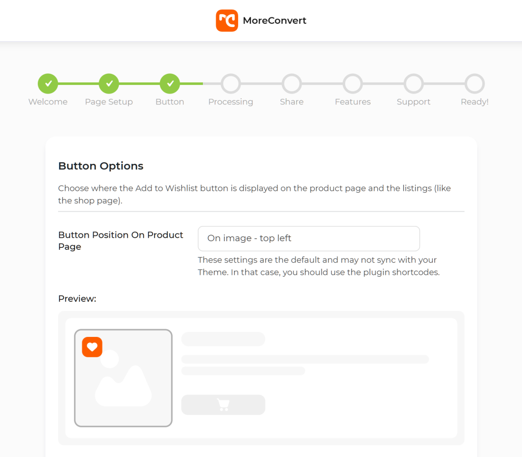 moreconvert-wishlist-for-woocommerce-setup - SaveTo Wishlist MoreConvert Wishlist for WooCommerce plugin settings screen showing Button Options, a green progress bar, and a preview with an orange heart wishlist button positioned top-left of product image.