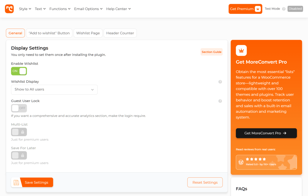 moreconvert-woocommerce-wishlist-dashboard - SaveTo Wishlist Admin settings screen for a wishlist plugin, showing "Enable Wishlist" toggle turned on, display options, and Save Settings button.
