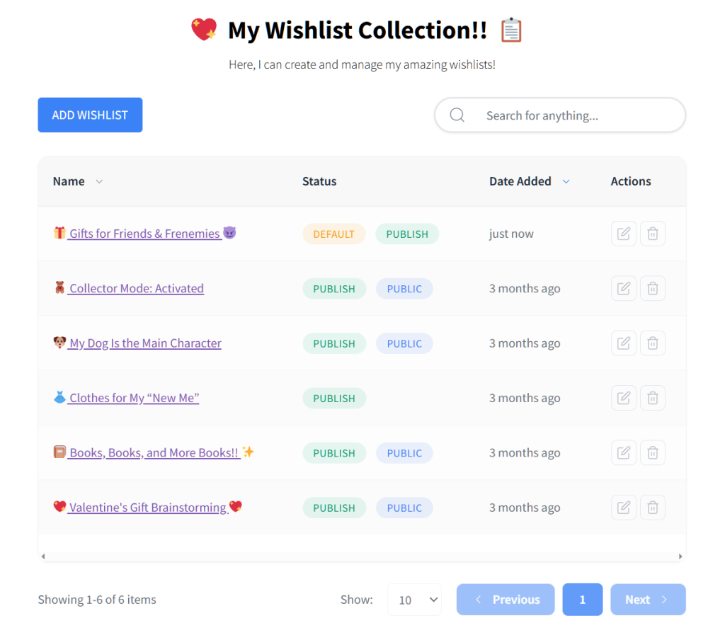 multiple-wishlists-date-added-friends-frenemies - SaveTo Wishlist Colorful'My Wishlist Collection' dashboard showing six wishlists with status badges, dates, search bar, and Add Wishlist button.