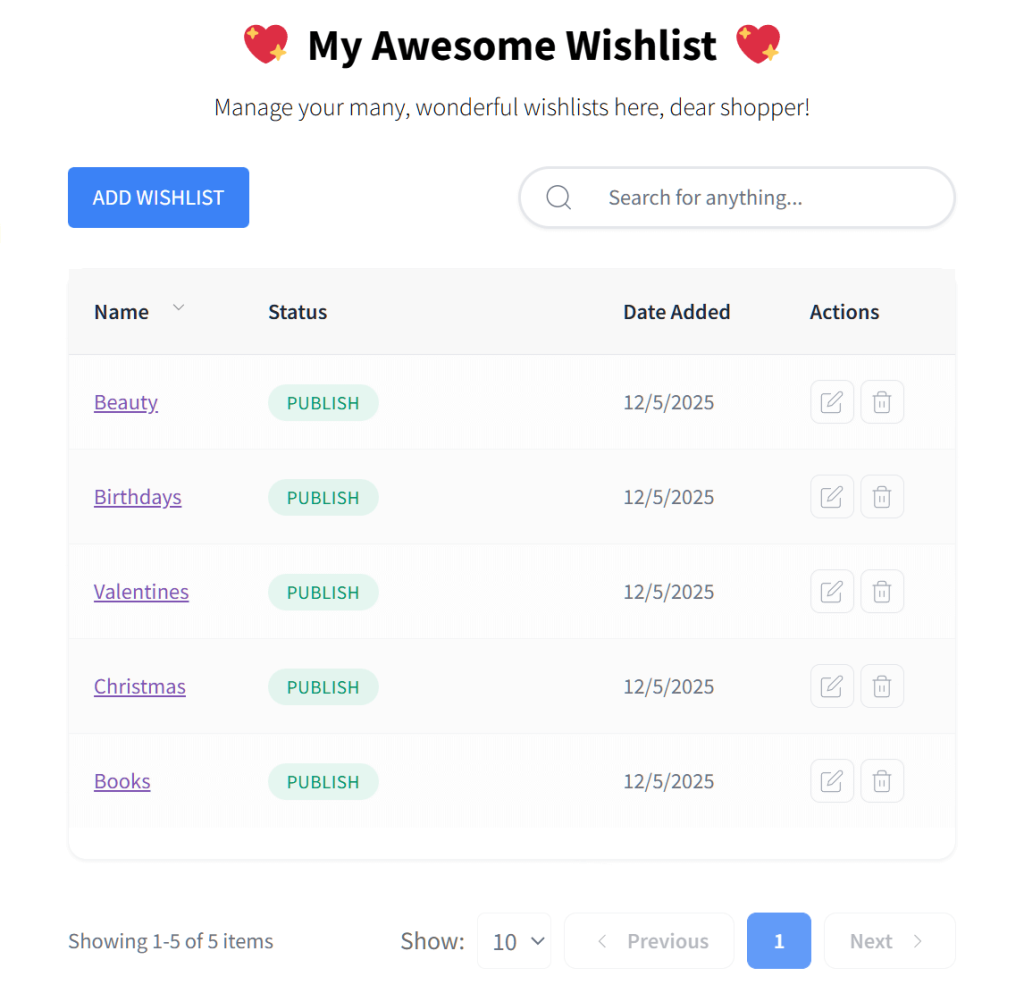 my-awesome-wishlist-denise - SaveTo Wishlist A user's wishlist dashboard showing five published lists (Beauty, Birthdays, Valentines, Christmas, Books) with dates, edit/delete actions, and Add Wishlist button.