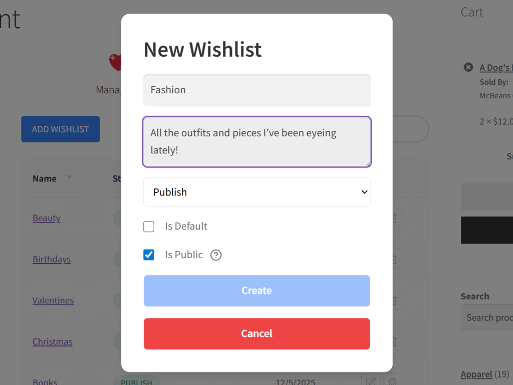 my-awesome-wishlist-denise-create-new-wishlist - SaveTo Wishlist Modal dialog for creating a new wishlist titled 'Fashion', showing description, publish status, checkboxes, blue Create and red Cancel buttons.