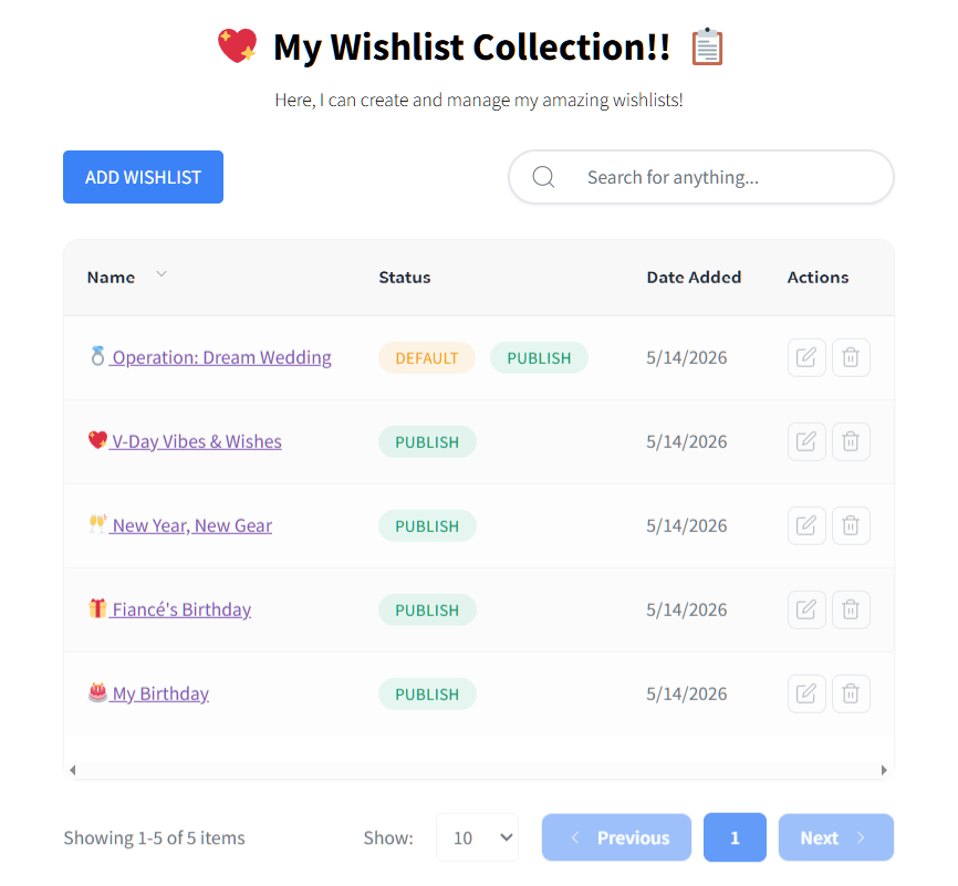 my-wishlist-page-multiple-wishlists-wishlist-collection-special-events - SaveTo Wishlist User interface displaying'My Wishlist Collection' page with five published wishlists, statuses, dates, search bar, add button, and pagination controls.