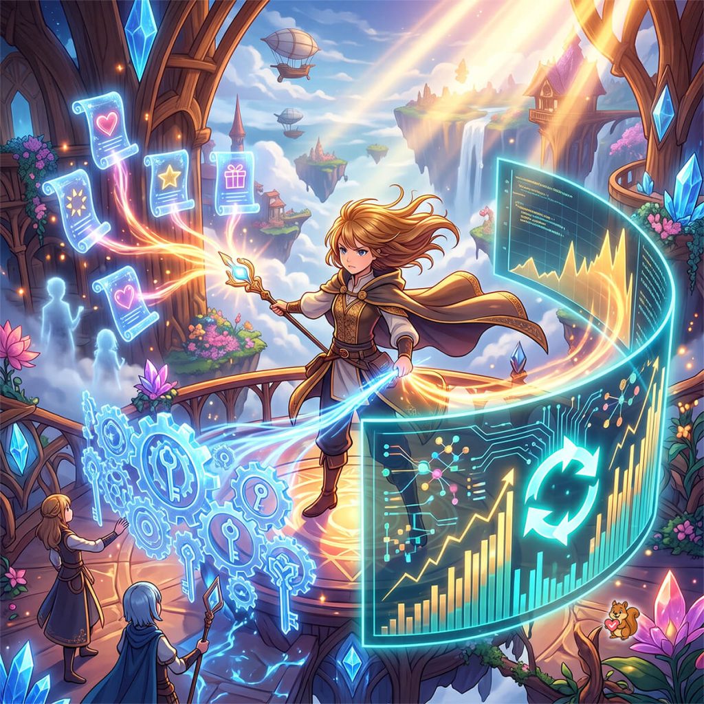 A female mage in a vibrant fantasy floating city conjures and manages three integrated, glowing blue digital interfaces: feature-icon scrolls, a complex API gear system, and a holographic analytics dashboard with charts and a sync icon.