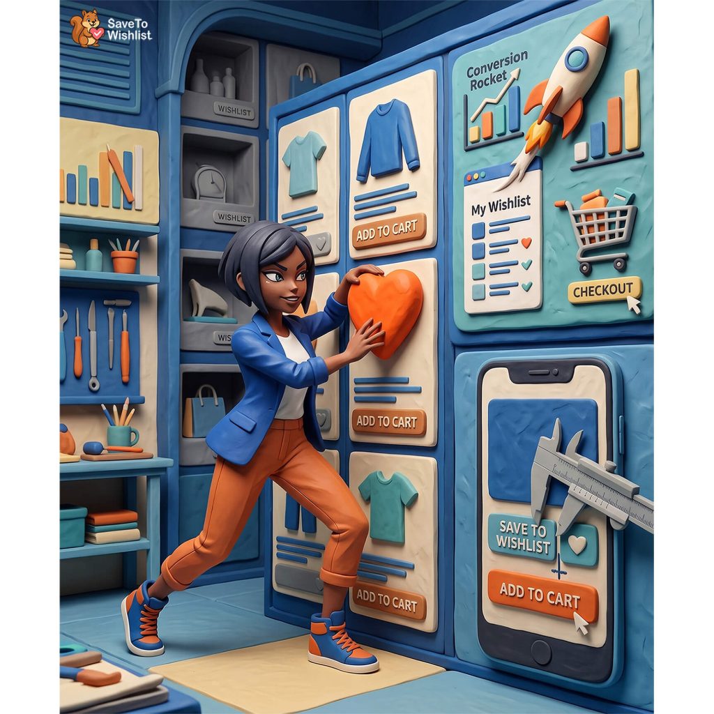 3D illustration of a woman in a blue jacket placing a large orange heart into a blue wishlist wall with prominent'Add to Cart' buttons.