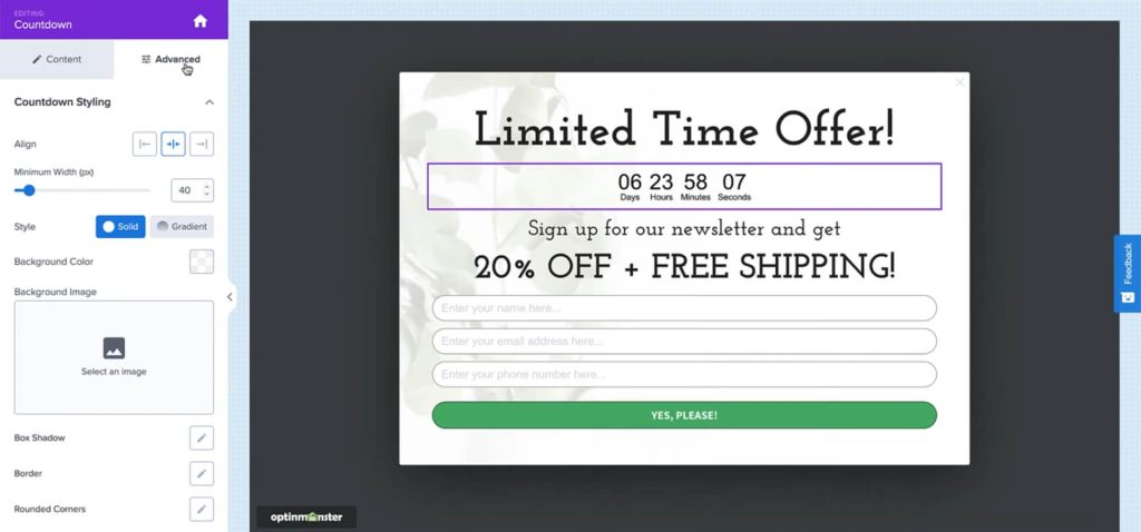 Popup countdown offer showing “Limited Time Offer” with a timer, newsletter signup form, and message offering 20% off plus free shipping
