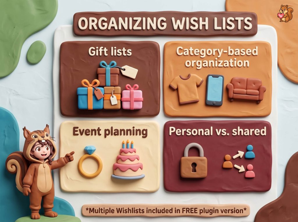 Playful clay-style infographic showing organizing wish lists: gift, category-based, event planning, personal vs shared, with a smiling squirrel-costumed character.