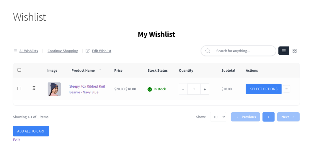 WooCommerce wishlist displaying PPOM integration product fields and selection options for a navy blue ribbed knit beanie.