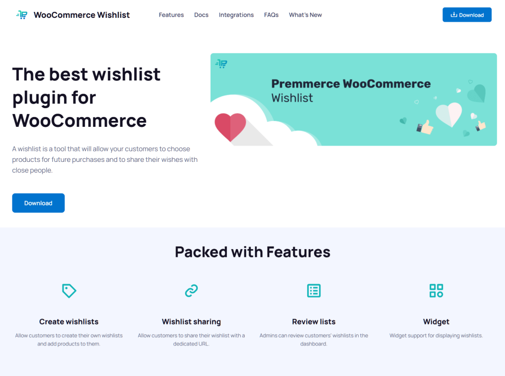 premmerce-woocommerce-wishlist-free-homepage-landing-page - SaveTo Wishlist Homepage hero promoting a WooCommerce wishlist plugin, featuring teal banner, download button, and icons highlighting create, share, review, and widget features.
