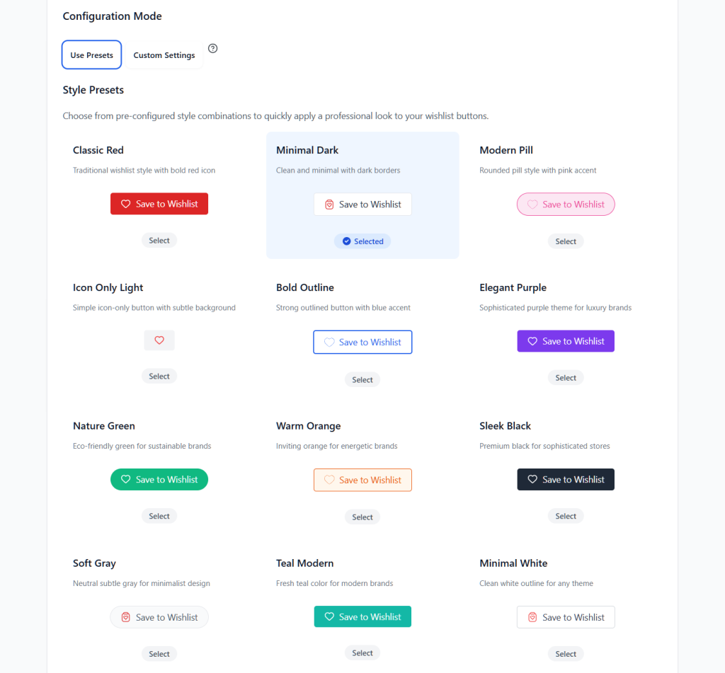 Website settings panel displaying multiple wishlist button style presets in a clean grid, highlighting the selected Minimal Dark preset.