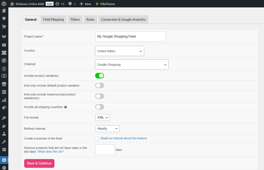 WordPress plugin settings screen showing a Google Shopping feed named 'My Google Shopping Feed' with country United States, XML format, hourly refresh.
