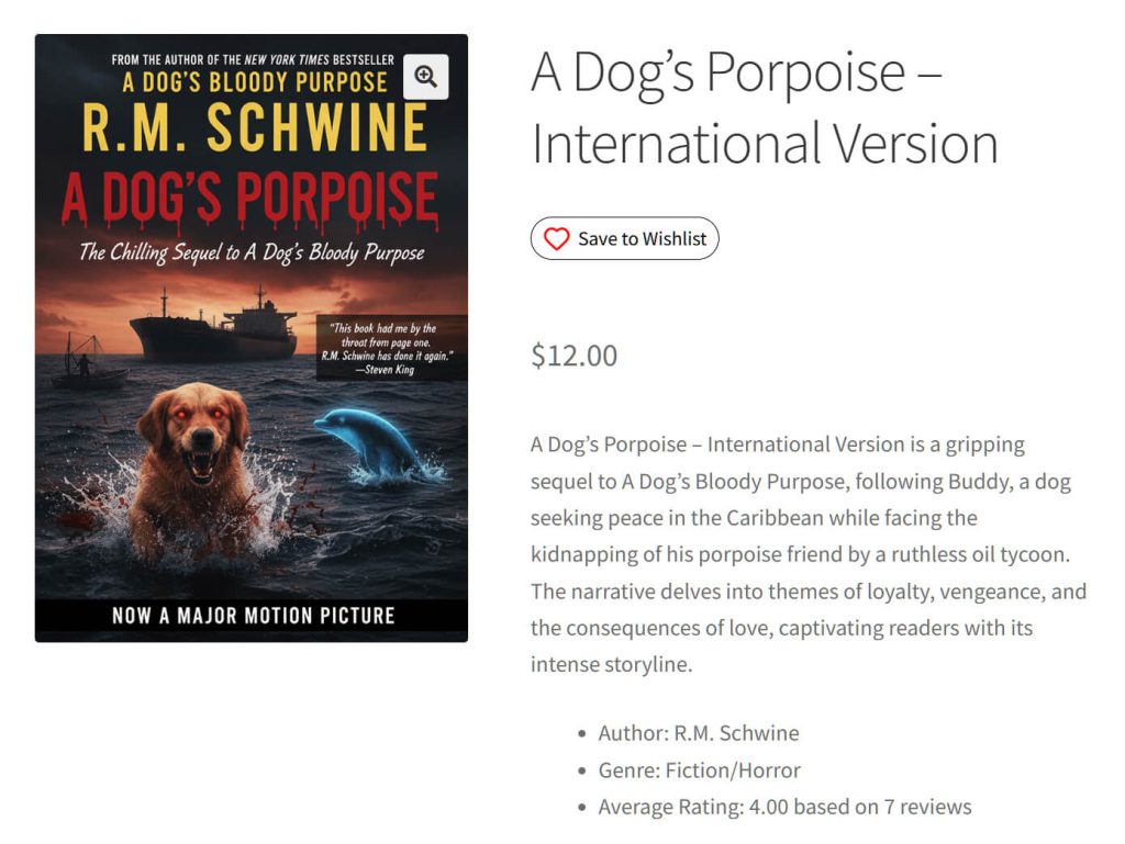 product-page-a-dogs-porpoise-save-to-wishlist - SaveTo Wishlist Harrowing book cover showing an enraged golden retriever emerging from churning, blood-streaked sea beside a leaping porpoise and silhouetted ship.