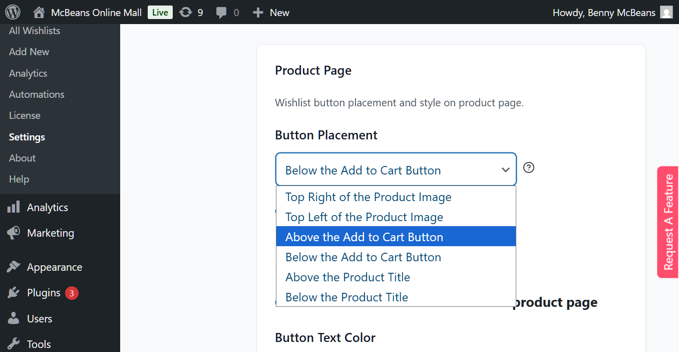 product-page-button-placement-above - SaveTo Wishlist SaveTo Wishlist Product Page Button Placement dropdown open, showing all wishlist button position options