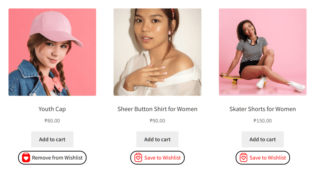 product-page-buttons-stw - SaveTo Wishlist Three women posing against a pink backdrop in summer fashion: sheer off-shoulder shirt, striped tee, and denim jacket.