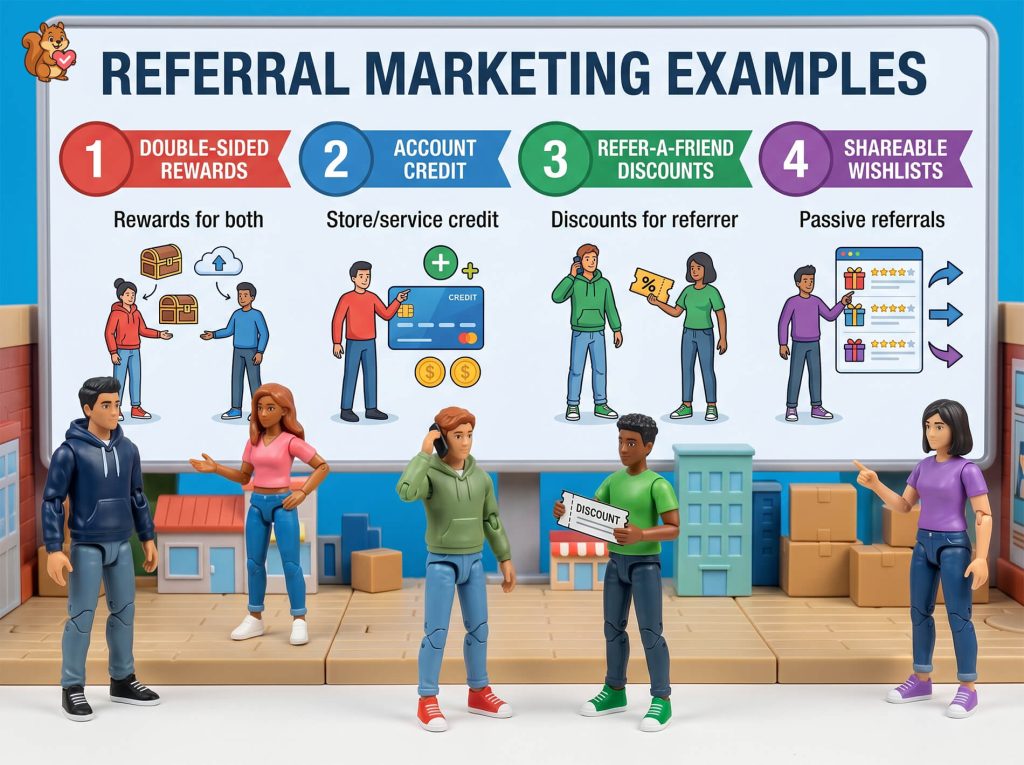 referral-marketing-examples-infographic - SaveTo Wishlist Miniature doll set with a large billboard infographic showcasing common referral marketing examples with simple illustrations