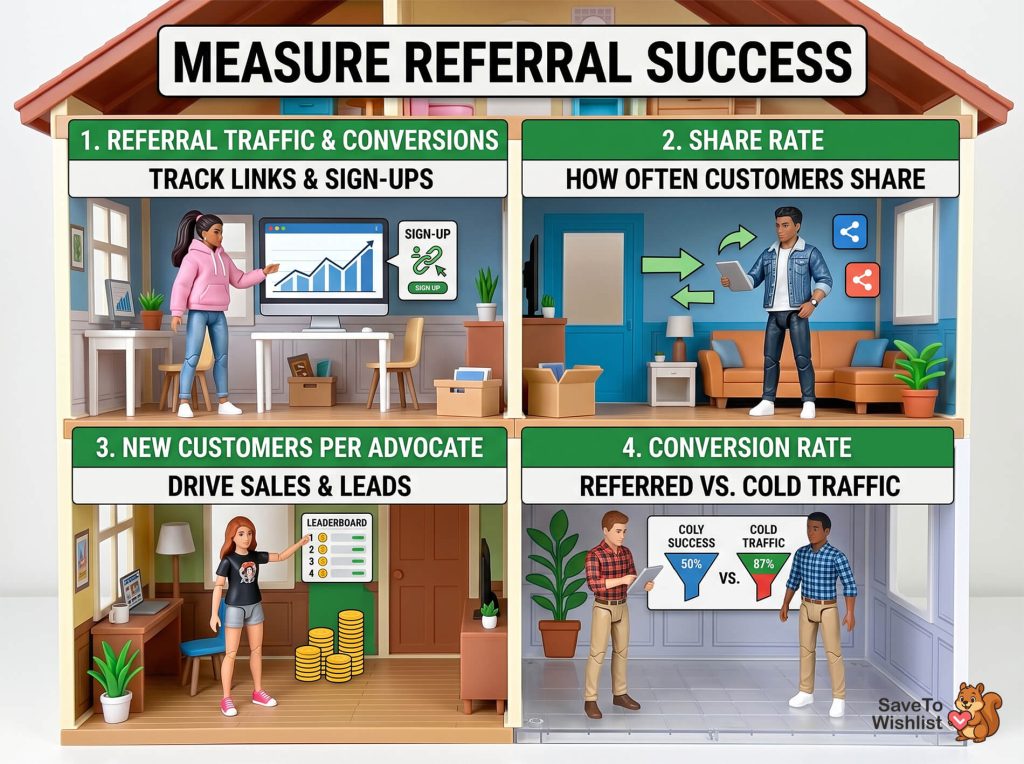 referral-marketing-examples-measure-success - SaveTo Wishlist Illustrated cross-section of a house showing'Measure Referral Success' with panels on referral traffic, sign-ups, share rate and conversion metrics featuring a woman at a computer and a man with a tablet.