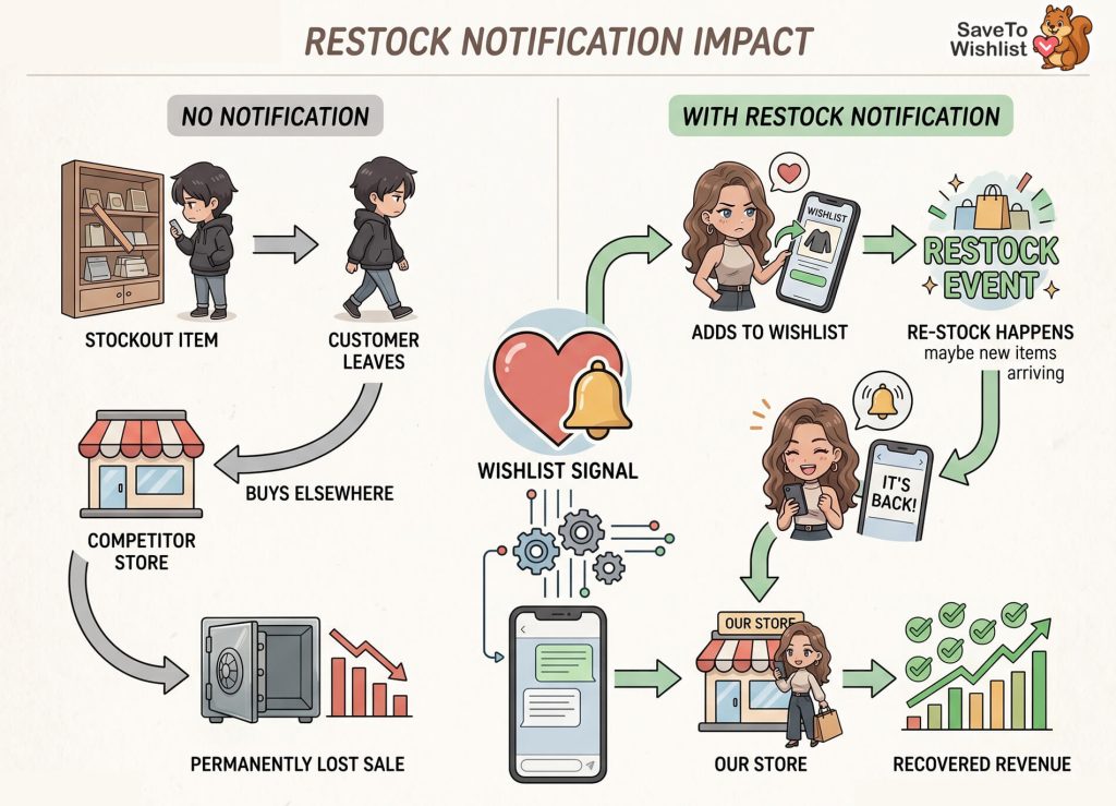 Infographic contrasts customers leaving during stockouts without notifications versus returning and recovered revenue when wishlist restock alerts notify buyers.