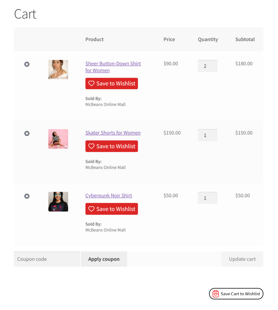 Online shopping cart listing three women's clothing items with thumbnails, prices, quantities, subtotals, and red Save to Wishlist buttons in light layout.