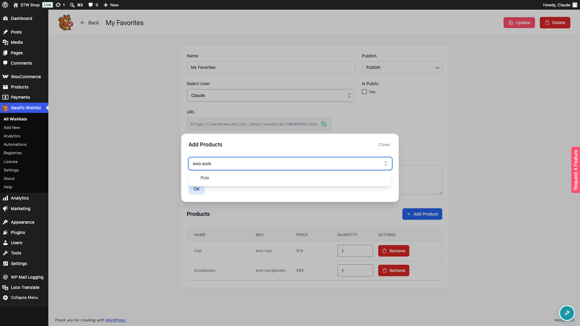 save-to-wishlist-admin-wishlist-sku-search-results - SaveTo Wishlist Admin wishlist edit screen with the Add Product panel open, showing a SKU typed in the search box (e.g. “ALPHA-001”) and the matching product appearing in results below it