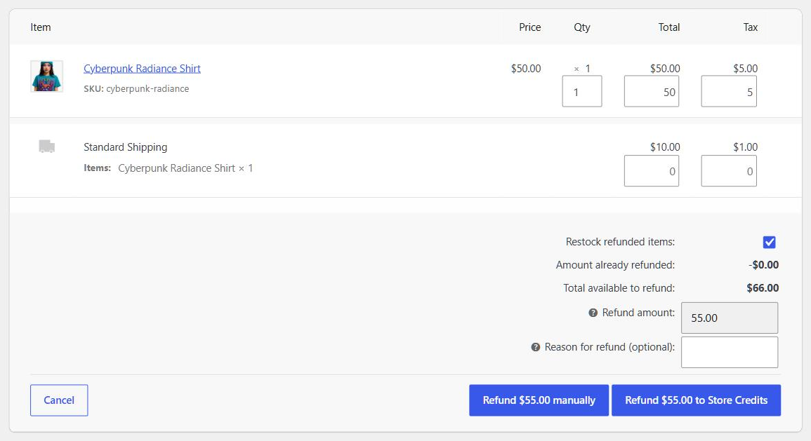 WooCommerce order refund panel with a Refund to Store Credits button from Advanced Coupons next to the manual refund button - SaveTo Wishlist WooCommerce order refund panel with a Refund to Store Credits button from Advanced Coupons next to the manual refund button
