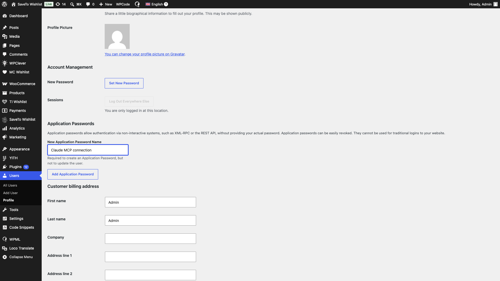 save-to-wishlist-application-passwords-profile-page - SaveTo Wishlist Der Abschnitt Anwendungspasswörter auf der Seite Benutzer, Profil, mit einem neu eingegebenen Namen für ein Anwendungspasswort und der Schaltfläche Neues Anwendungspasswort hinzufügen.