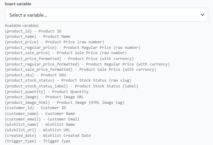 Liste des variables disponibles SaveTo Wishlist, une variable par ligne avec une étiquette simple - SaveTo Wishlist Liste des variables disponibles SaveTo Wishlist, une variable par ligne avec une étiquette simple