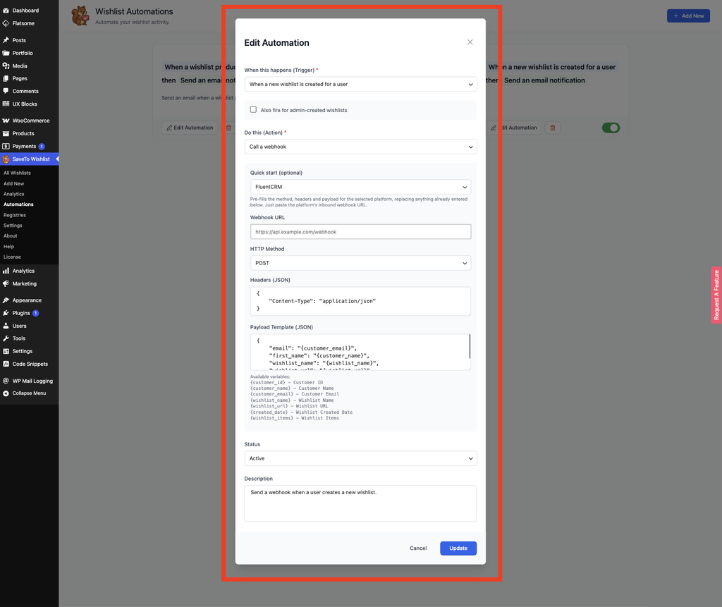 save-to-wishlist-automations-fluentcrm - SaveTo Wishlist The SaveTo Wishlist Pro automation modal with Call a webhook selected and the FluentCRM quick start applied.