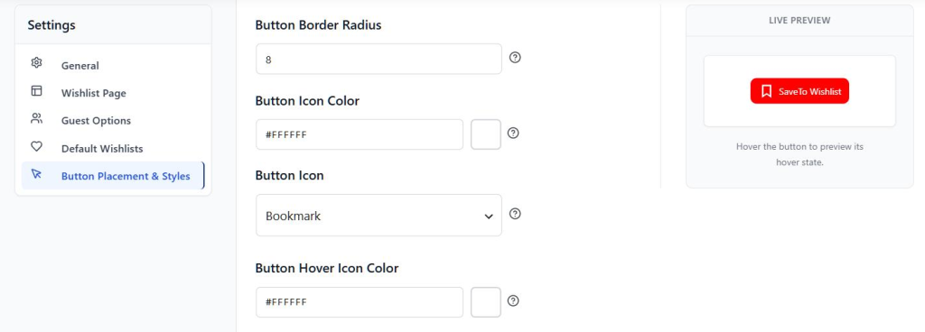 SaveTo Wishlist Button Icon setting set to Bookmark, with the live preview showing a bookmark icon on the wishlist button - SaveTo Wishlist SaveTo Wishlist Button Icon setting set to Bookmark, with the live preview showing a bookmark icon on the wishlist button