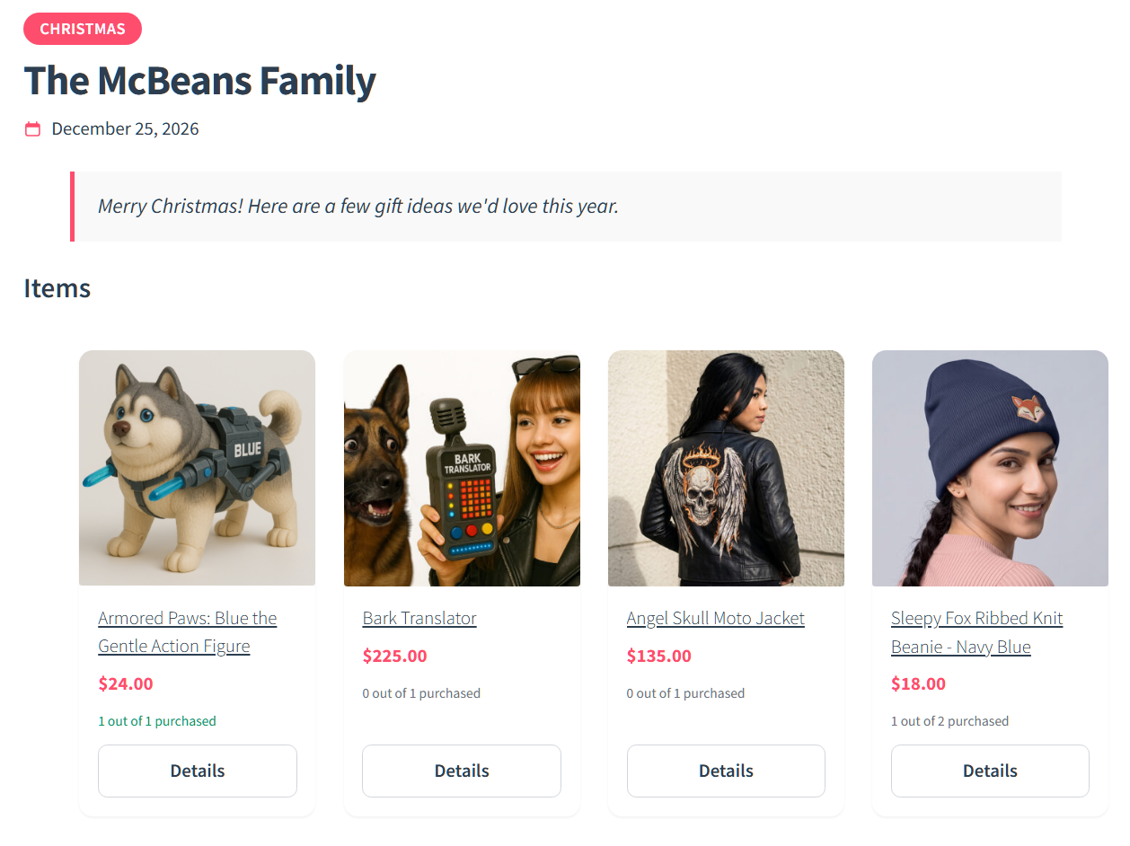 Christmas gift registry for The McBeans Family showing four gifts with prices and how many of each has already been purchased - SaveTo Wishlist Christmas gift registry for The McBeans Family showing four gifts with prices and how many of each has already been purchased