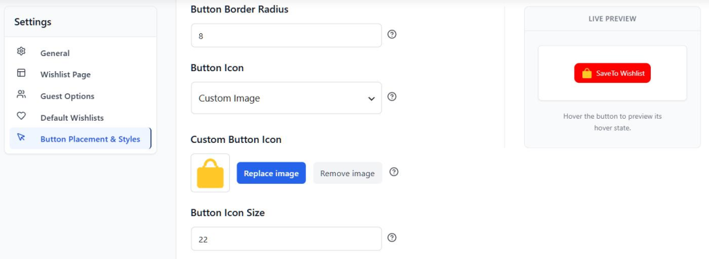SaveTo Wishlist Button Icon set to Custom Image, with a shopping bag icon in the Custom Button Icon uploader and the live preview - SaveTo Wishlist SaveTo Wishlist Button Icon set to Custom Image, with a shopping bag icon in the Custom Button Icon uploader and the live preview