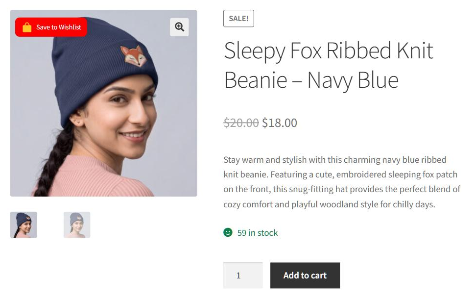 WooCommerce product page showing a SaveTo Wishlist button with a custom shopping bag icon - SaveTo Wishlist WooCommerce product page showing a SaveTo Wishlist button with a custom shopping bag icon
