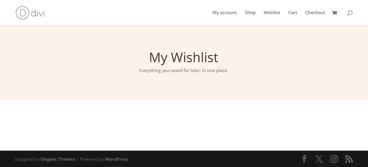 Page de liste de souhaits Divi Builder avec un titre Mon liste de souhaits mais sans liste de souhaits, car la mise en page n'a pas de module de liste de souhaits - SaveTo Wishlist Page de liste de souhaits Divi Builder avec un titre Mon liste de souhaits mais sans liste de souhaits, car la mise en page n'a pas de module de liste de souhaits