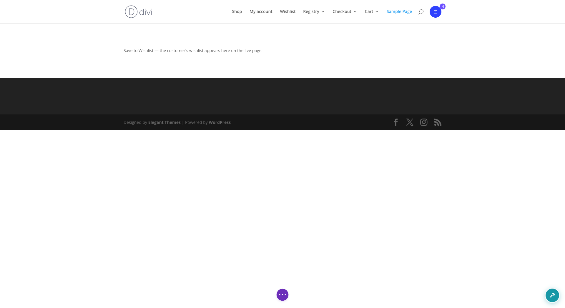 Divi Builder canvas showing the Save to Wishlist module placeholder text