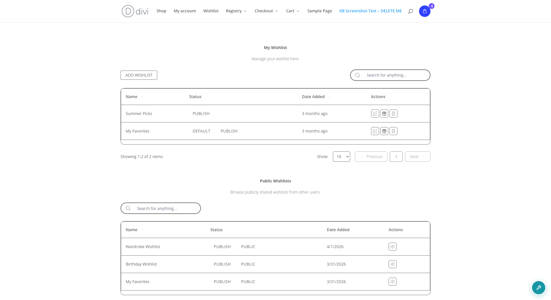 Save to Wishlist module rendering the live wishlist table on the front end