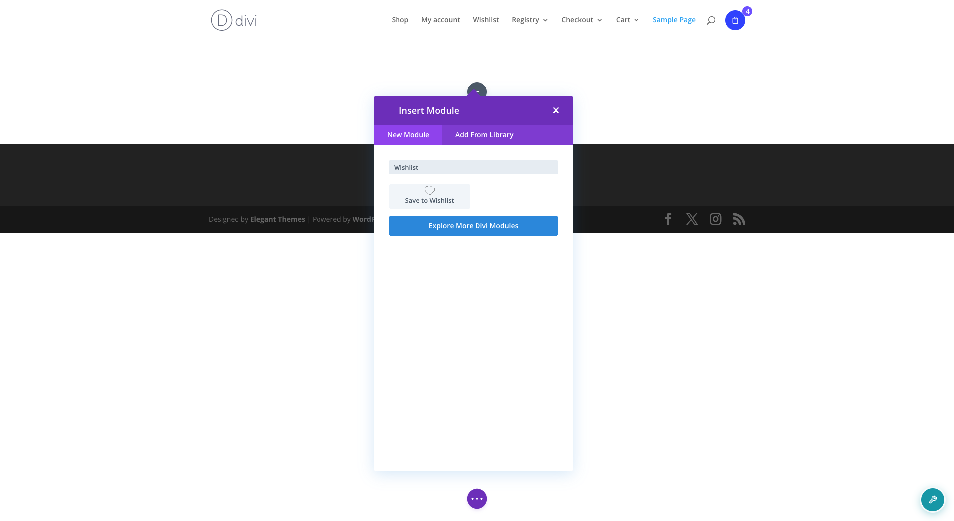Divi Builder module search results showing the Save to Wishlist module