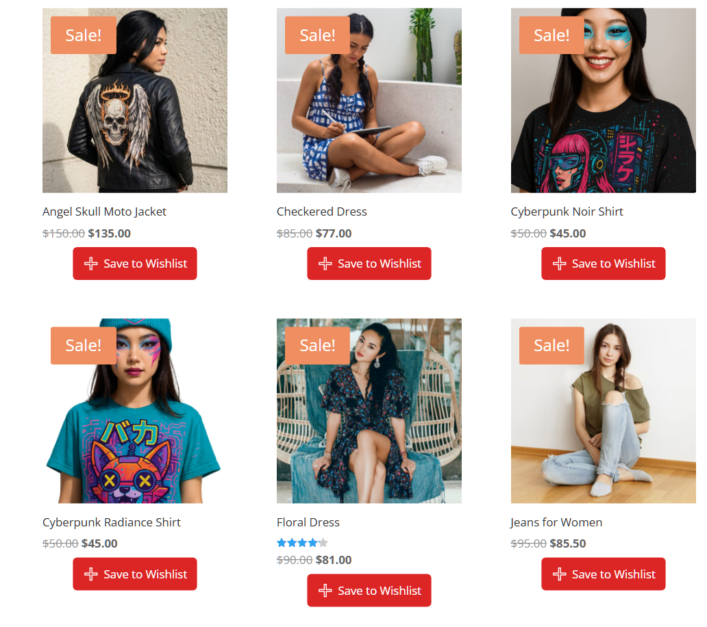Page de boutique WooCommerce Divi montrant un bouton Enregistrer dans la liste de souhaits sous le prix de chaque produit vestimentaire - SaveTo Wishlist Page de boutique WooCommerce Divi montrant un bouton Enregistrer dans la liste de souhaits sous le prix de chaque produit vestimentaire