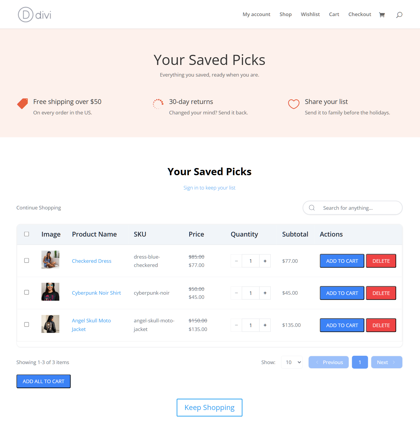 Page de liste de souhaits Divi avec des informations sur la livraison, les retours et le partage au-dessus du module Enregistrer dans la liste de souhaits et un bouton Continuer mes achats - SaveTo Wishlist Page de liste de souhaits Divi avec des informations sur la livraison, les retours et le partage au-dessus du module Enregistrer dans la liste de souhaits et un bouton Continuer mes achats