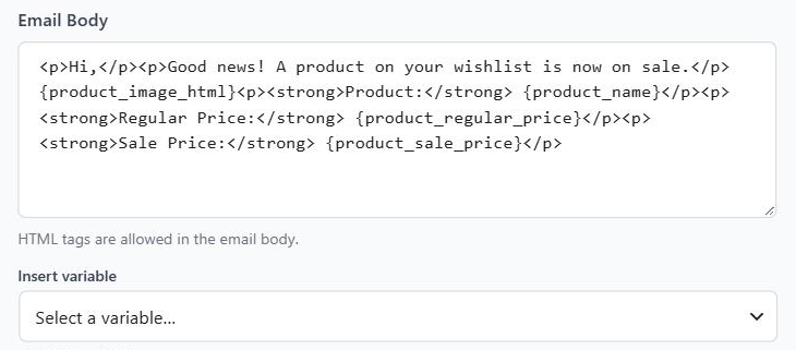 Corps de l'e-mail d'automatisation SaveTo Wishlist avec la variable product_image_html insérée - SaveTo Wishlist Corps de l'e-mail d'automatisation SaveTo Wishlist avec la variable product_image_html insérée