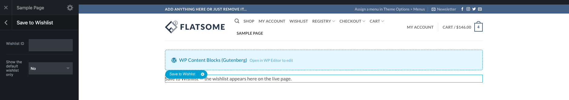 save to wishlist flatsome options panel cropped - SaveTo Wishlist Save to Wishlist element options panel in Flatsome UX Builder with Wishlist ID and Show the default wishlist only fields