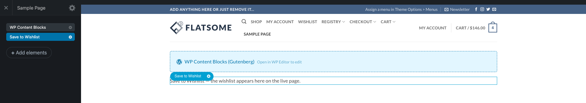 save to wishlist flatsome placeholder cropped - SaveTo Wishlist Save to Wishlist placeholder box on the Flatsome UX Builder canvas with the element listed in the page layout panel