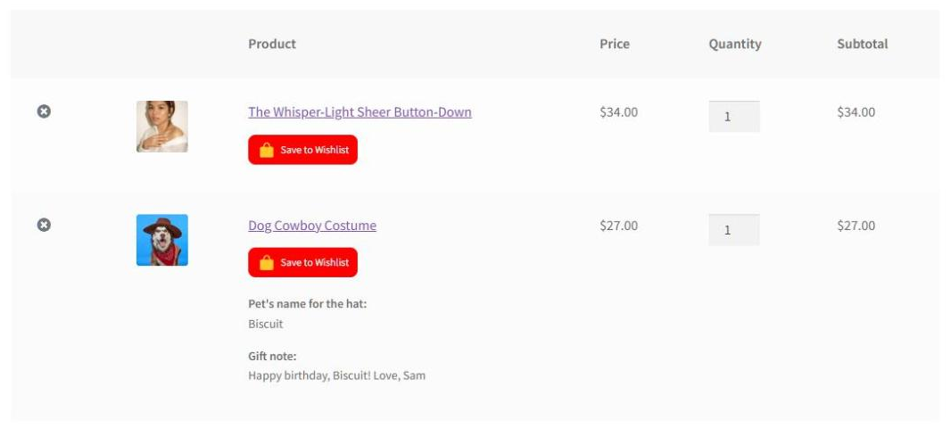 Ligne de panier WooCommerce pour le Déguisement de cowboy pour chien, montrant le Nom de l'animal pour le chapeau et les valeurs de Note de cadeau reportés de la liste de souhaits - SaveTo Wishlist Ligne de panier WooCommerce pour le Déguisement de cowboy pour chien, montrant le Nom de l'animal pour le chapeau et les valeurs de Note de cadeau reportés de la liste de souhaits.