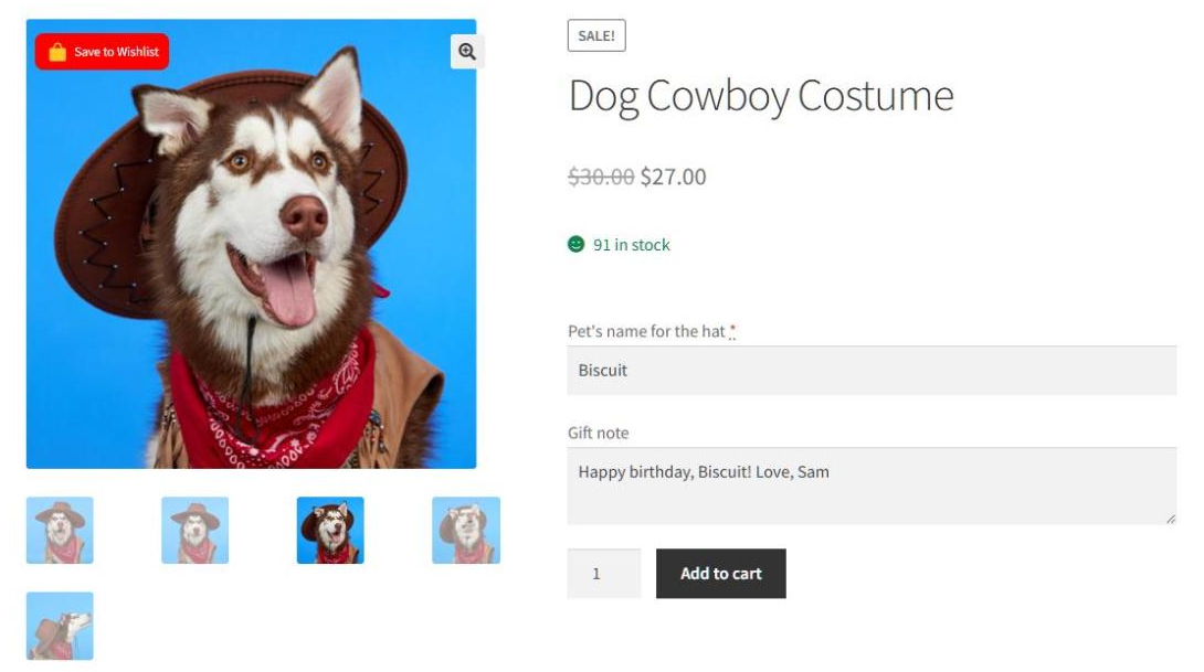 Page produit Déguisement de cowboy pour chien avec le bouton Enregistrer sur la liste de souhaits sur l'image et les champs Nom de l'animal et Note de cadeau remplis - SaveTo Wishlist Page produit Déguisement de cowboy pour chien avec le bouton Enregistrer sur la liste de souhaits sur l'image et les champs Nom de l'animal et Note de cadeau remplis.