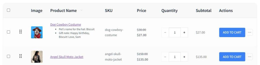 Ligne de tableau SaveTo Wishlist pour l'article Déguisement de cowboy pour chien, indiquant le Nom de l'animal pour le chapeau et les valeurs de Note de cadeau, avec un bouton Ajouter au panier - SaveTo Wishlist Ligne de tableau SaveTo Wishlist pour l'article Déguisement de cowboy pour chien, indiquant le Nom de l'animal pour le chapeau et les valeurs de Note de cadeau, avec un bouton Ajouter au panier.