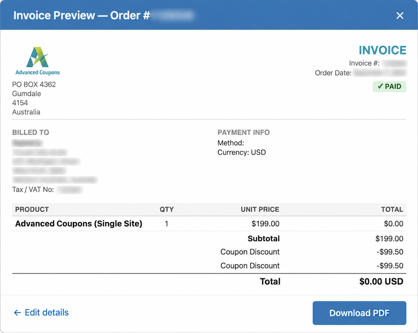 save-to-wishlist-invoice-preview-tax-vat-number - SaveTo Wishlist Invoice Preview showing Tax / VAT No under Billed To, Edit details and Download PDF, with personal details blurred.
