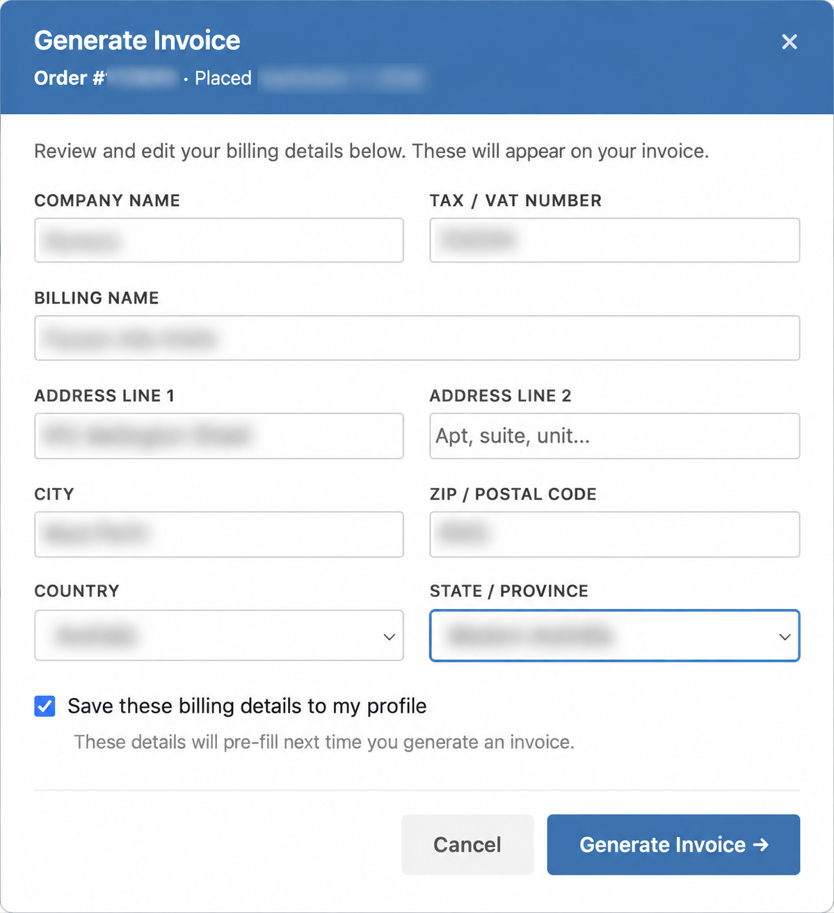 save-to-wishlist-invoice-tax-vat-number-form - SaveTo Wishlist Generate Invoice form showing the Tax / VAT Number field and optional profile-save checkbox, with personal details blurred.