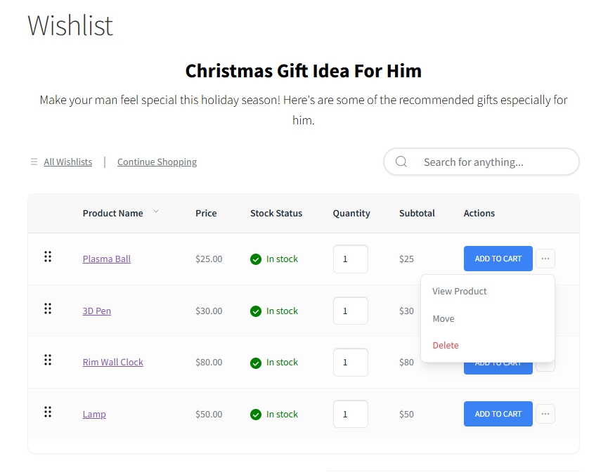 save-to-wishlist-manage - SaveTo Wishlist Website wishlist page titled 'Christmas Gift Idea For Him' showing four products with prices, stock status, quantity fields, and Add to Cart buttons.