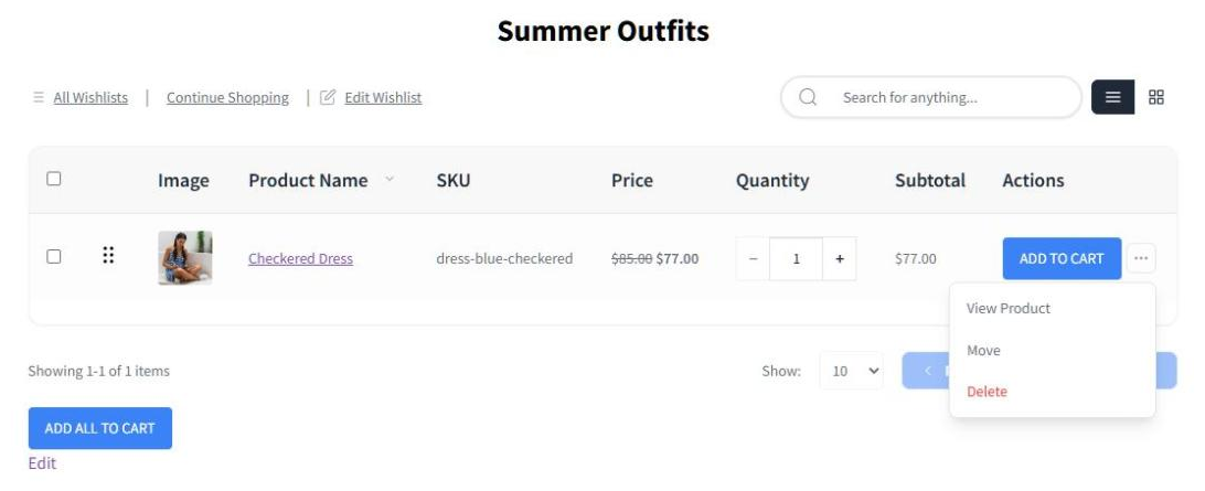 Wishlist table with one item and the More Actions menu open, showing View Product, Move, and Delete - SaveTo Wishlist Wishlist table with one item and the More Actions menu open, showing View Product, Move, and Delete