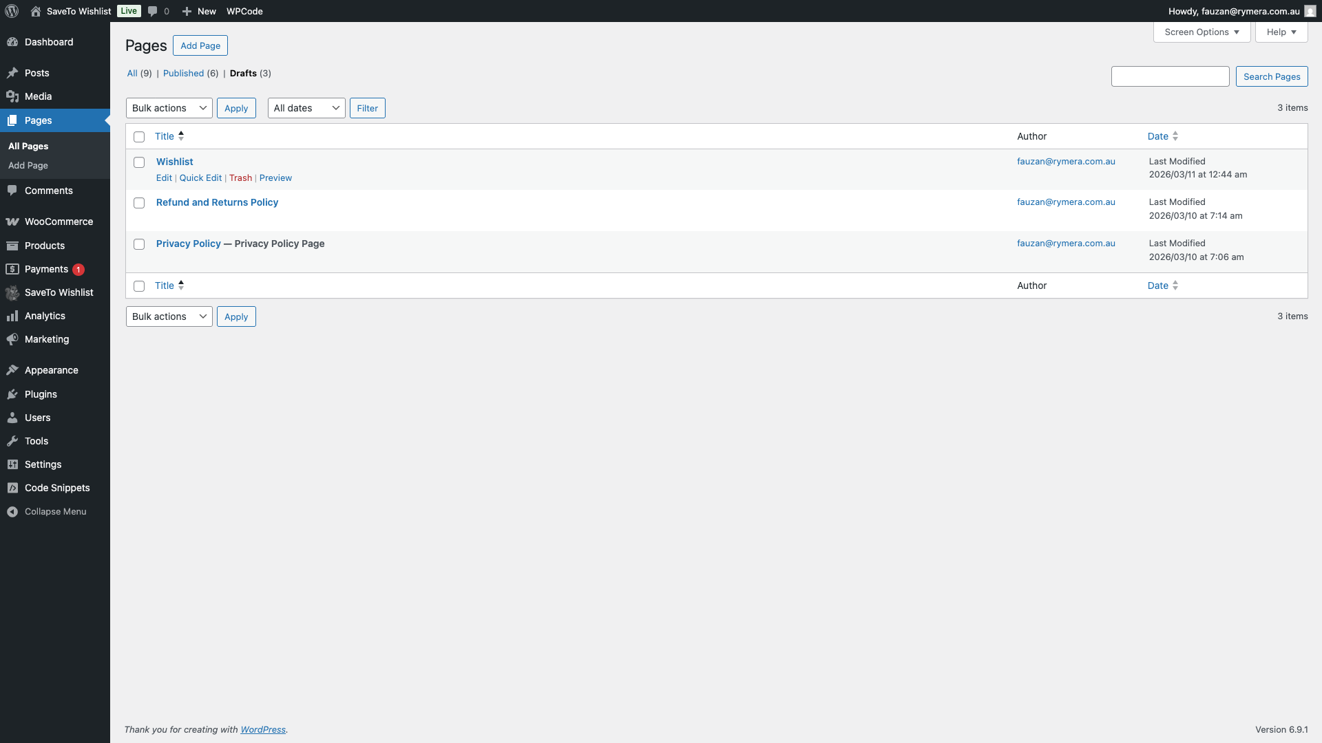 save-to-wishlist-pages-list-wishlist-draft-status - SaveTo Wishlist WordPress Pages list filtered to Drafts showing the Wishlist page in Draft status